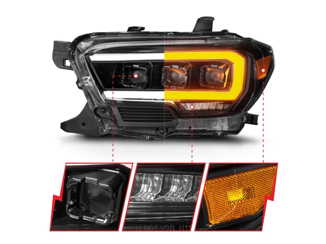 ANZO LED Projector Headlights w/ Initiation Feature & Sequential Halogen DRL, Black Housing (2016-2022 Toyota Tacoma)