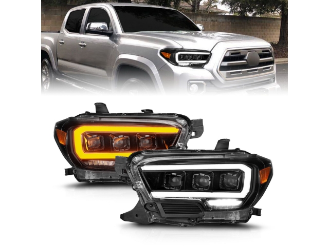 ANZO LED Projector Headlights w/ Initiation Feature & Sequential Halogen DRL, Black Housing (2016-2022 Toyota Tacoma) - Click Image to Close