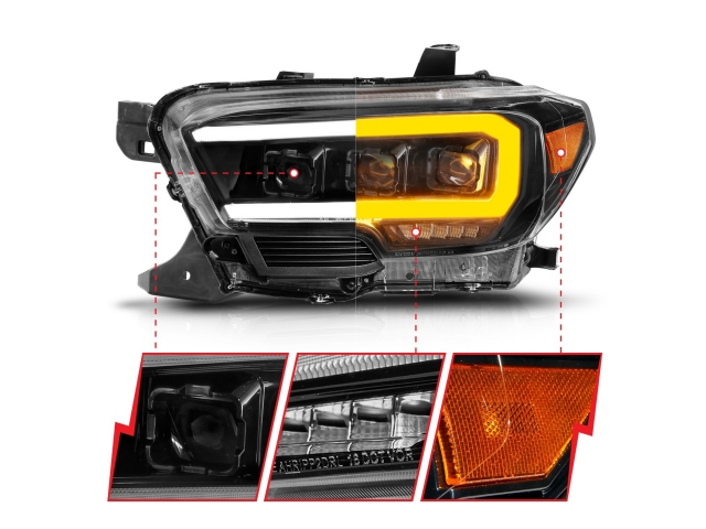 ANZO LED Projector Headlights w/ Initiation Feature & Sequential LED DRL, Black Housing (2016-2022 Toyota Tacoma)