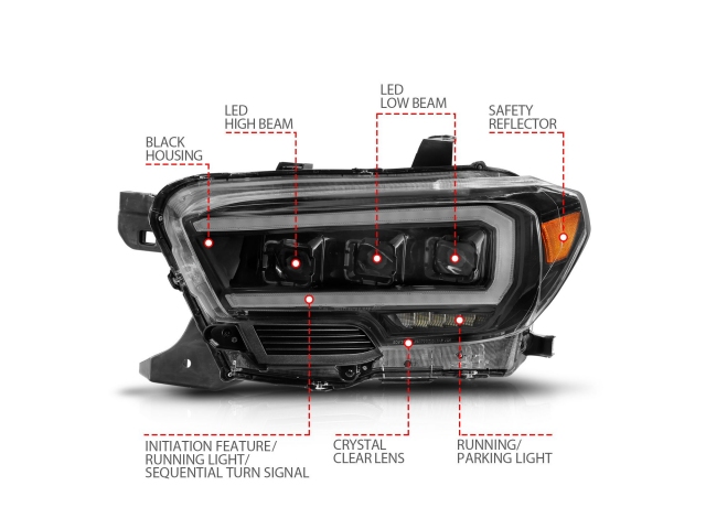 ANZO LED Projector Headlights w/ Initiation Feature & Sequential LED DRL, Black Housing (2016-2022 Toyota Tacoma)