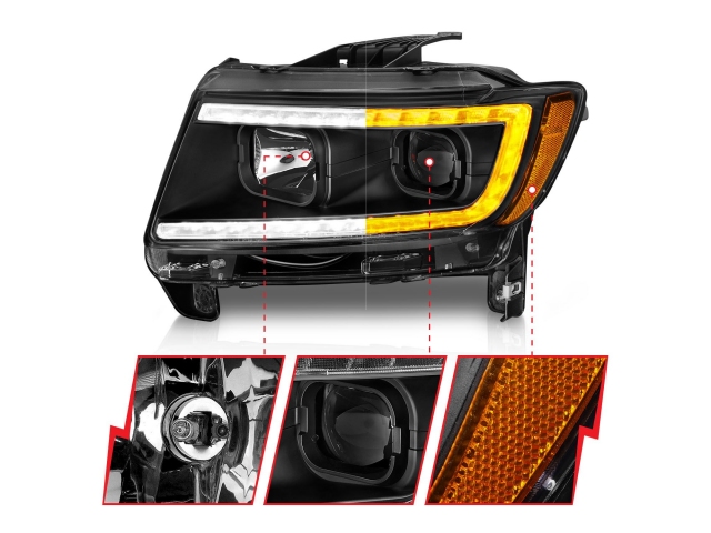 ANZO Projector Switchback Plank Style Headlights, Black Housing (2011-2013 Jeep Grand Cherokee)