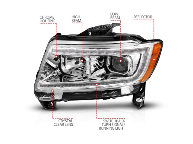 ANZO Projector Switchback Plank Style Headlights, Chrome Housing (2011-2013 Jeep Grand Cherokee)