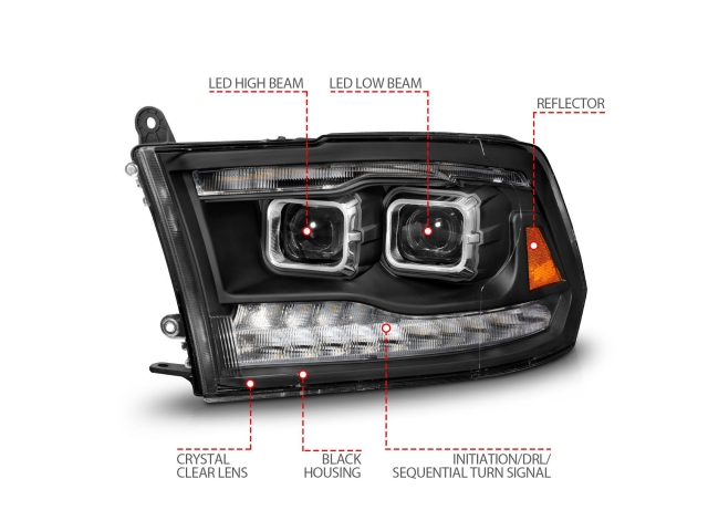 ANZO LED Projector Plank Style Headlights w/ Initiation Feature & Sequential, Black Housing (2009-2018 Dodge RAM 1500 & 2010-2018 RAM 2500 & 3500)