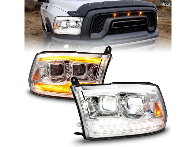 ANZO LED Projector Plank Style Headlights w/ Initiation Feature & Sequential, Chrome Housing (2009-2018 Dodge RAM 1500 & 2010-2018 RAM 2500 & 3500) - Click Image to Close