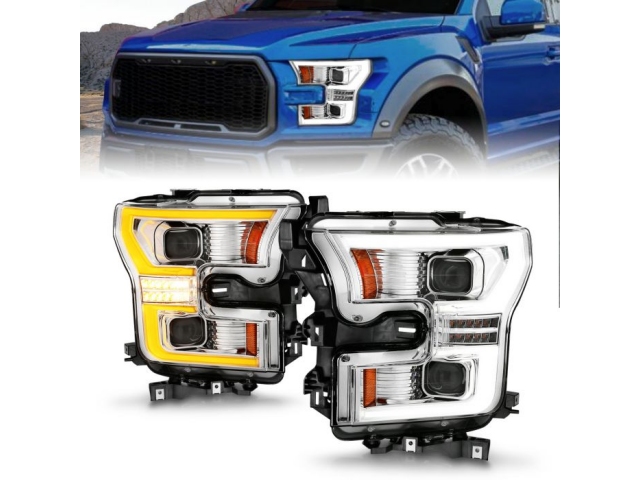 ANZO LED Projector Plank Headlights w/ Initiation & Sequential Signal, Chrome Housing (2015-2017 Ford F-150) - Click Image to Close