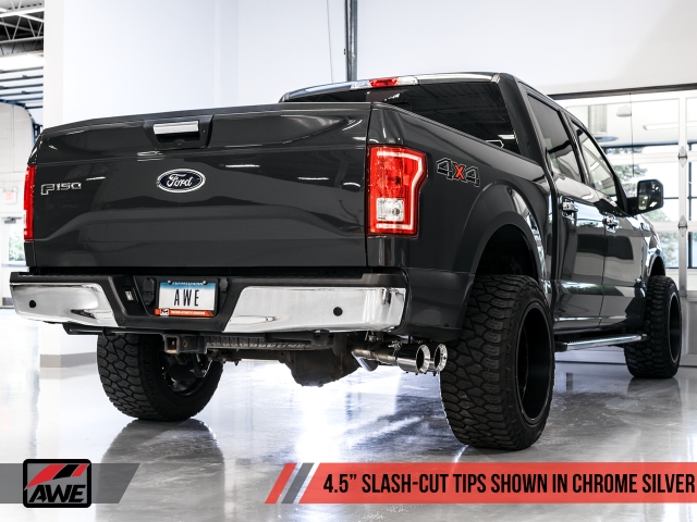 AWE-TUNING 0 FG Single Exit Exhaust w/ 4.5" Chrome Silver Tips (2015-2020 F-150 2.7L, 3.5L EcoBoost & 5.0L COYOTE)