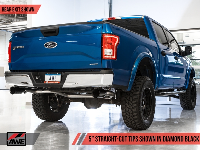 AWE-TUNING 0 FG Dual Exit Exhaust w/ 5" Diamond Black Tips (2015-2020 F-150 2.7L, 3.5L EcoBoost & 5.0L COYOTE)