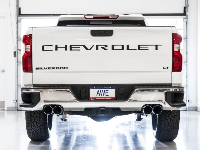 AWE-TUNING 0FG Split Rear Exit Cat-Back Exhaust w/ Quad Chrome Silver Tips (2019-2023 Silverado & Sierra 1500 5.3L V8)