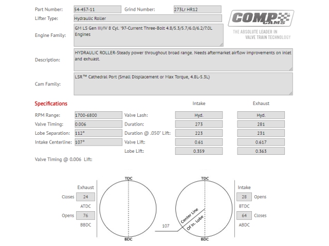 COMP CAMS LSR CATHEDRAL PORT Hydraulic Roller Camshaft, 273Lr HR12 (GM LS)