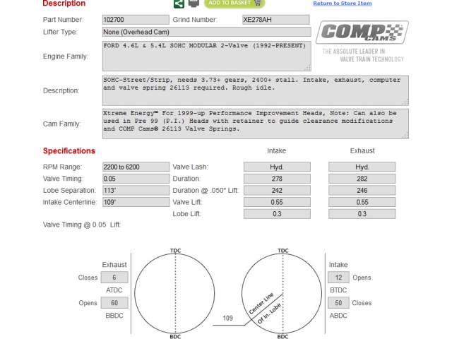 COMP Cams XTREME ENERGY Hydraulic Roller Camshafts, XE278AH (1999-2012 FORD 4.6L & 5.4L SOHC Modular 2 Valve 8 Cylinder)