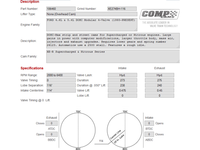 COMP Cams XTREME XE-R SUPERCHARGED & NITROUS SERIES Hydraulic Roller Camshafts, XE274BH-116 (1993-2012 FORD 4.6L DOHC Modular 4 Valve 8 Cylinder)