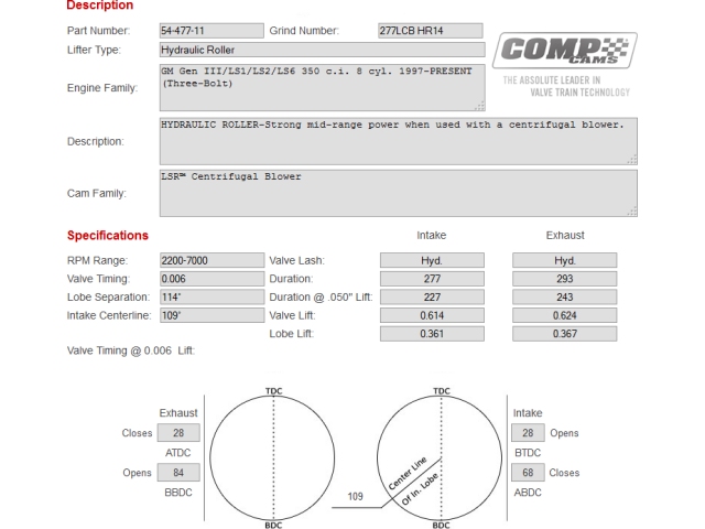 COMP Cams LSR CENTRIFUGAL BLOWER Hydraulic Roller Camshaft, 277LCB HR14 (1997-2013 GM LS Gen III/IV 8 Cylinder)