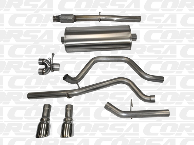 CORSA SPORT 3.0" Dual Rear Exit Cat-Back Exhaust w/ Twin 4.0" Polished Tips (2014 Silverado & Sierra 1500 5.3L) - Click Image to Close