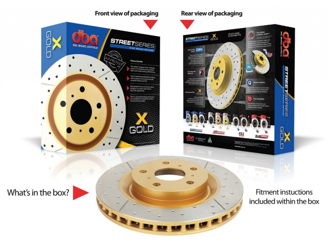 DBA STREET SERIES X GOLD Uni-Directional Cross Drilled & Slotted Rotor, Front (2006-2012 Chevrolet Corvette Z06)