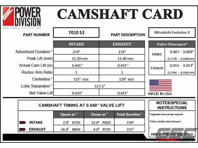 GSC POWER-DIVISION Billet S2 Camshaft Set [ADV Duration I274-E274 | Duration @ 1mm I234-E232 | Peak Lift I11.20mm-E11.00mm | CL I115-E120] (MITSUBISHI Lancer EVO X)