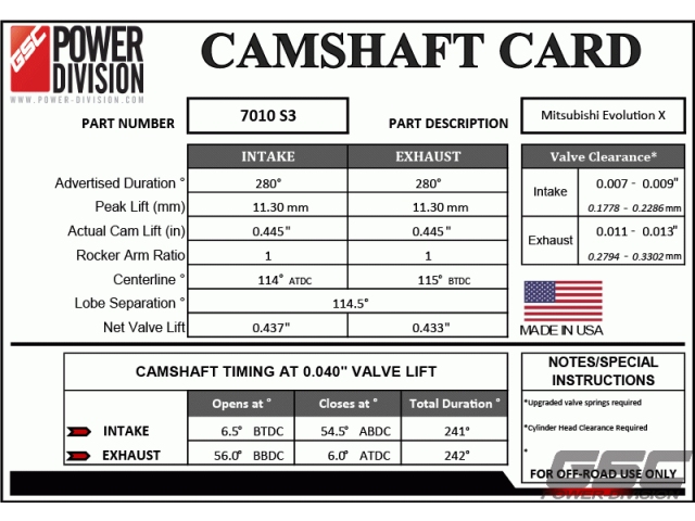 GSC POWER-DIVISION Billet S3 Camshaft Set [ADV Duration I280-E280 | Duration @ 1mm I241-E242 | Peak Lift I11.30mm-E11.30mm | CL I114-E115] (MITSUBISHI Lancer EVO X)