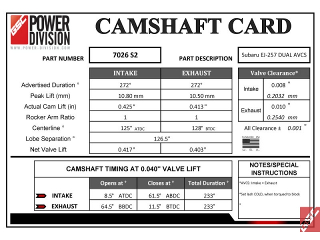 GSC POWER-DIVISION Billet S2 Camshaft Set [ADV Duration I272-E272 | Duration @ 0.040" I233-E233 | Peak Lift I10.80mm-E10.50mm | CL I125-E128] (SUBARU EJ257)