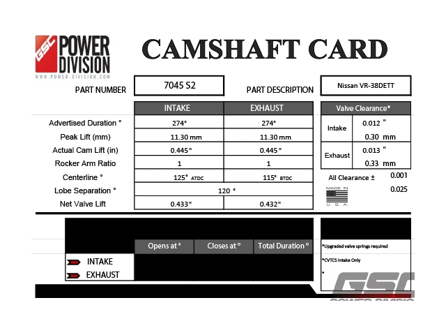 GSC POWER-DIVISION Billet S2 Camshaft Set [ADV Duration I274-E274 | Duration @ 0.040" I238-E239 | Peak Lift I11.30mm-E11.30mm | CL I125-E115] (NISSAN VR38DETT)