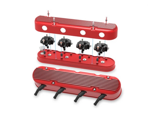 Holley 2-Piece Finned Valve Covers, Gloss Red (GM LS) - Click Image to Close