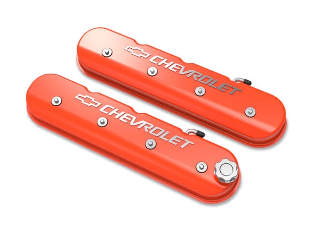 Holley Tall LS Valve Covers w/ "BOWTIE" & CHEVROLET Logo, Factory Orange Machined Finish - Click Image to Close