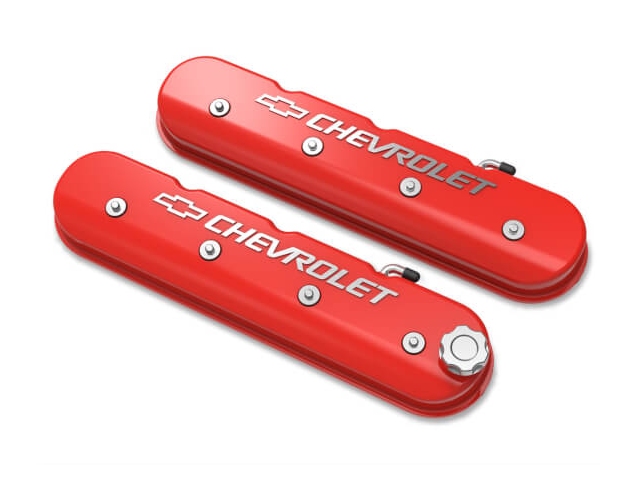 Holley Tall LS Valve Covers w/ "BOWTIE" & CHEVROLET Logo, Gloss Red Machined Finish - Click Image to Close