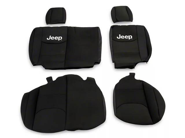 Jeep Custom Fit Front & Rear Seat Covers w/ Jeep Logo, Black (2013-2018 Jeep Wrangler JKU)