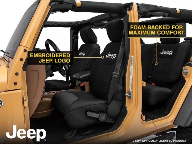 Jeep Custom Fit Front & Rear Seat Covers w/ Jeep Logo, Black (2013-2018 Jeep Wrangler JKU)