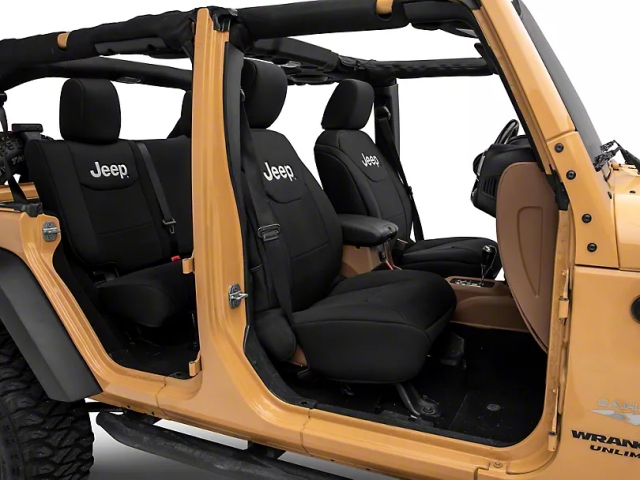 Jeep Custom Fit Front & Rear Seat Covers w/ Jeep Logo, Black (2013-2018 Jeep Wrangler JKU)