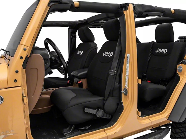 Jeep Custom Fit Front & Rear Seat Covers w/ Jeep Logo, Black (2013-2018 Jeep Wrangler JKU)