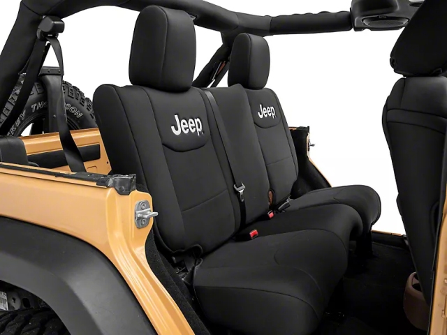 Jeep Custom Fit Front & Rear Seat Covers w/ Jeep Logo, Black (2013-2018 Jeep Wrangler JKU)