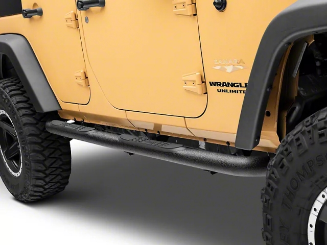 Jeep 3-Inch Round Curved Side Step Bars w/ Jeep Logo, Textured Black (2007-2018 Jeep Wrangler JKU)