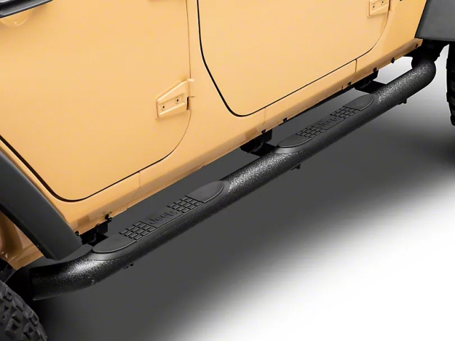 Jeep 3-Inch Round Curved Side Step Bars w/ Jeep Logo, Textured Black (2007-2018 Jeep Wrangler JKU)