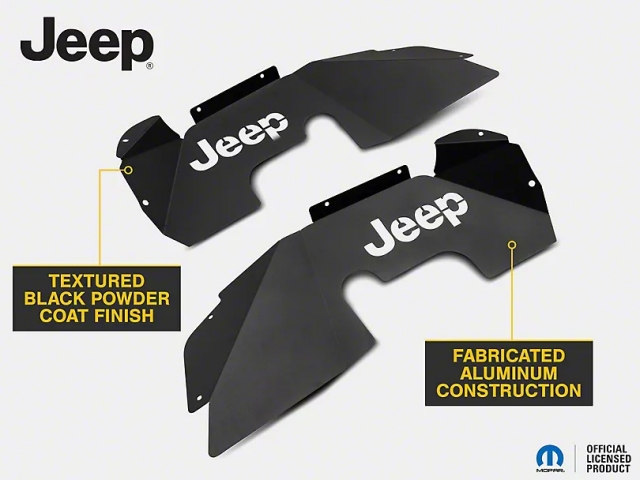 Jeep Aluminum Inner Fender Liners w/ Jeep Logo, Front, Textured Black (2007-2018 Jeep Wrangler JK & JKU)