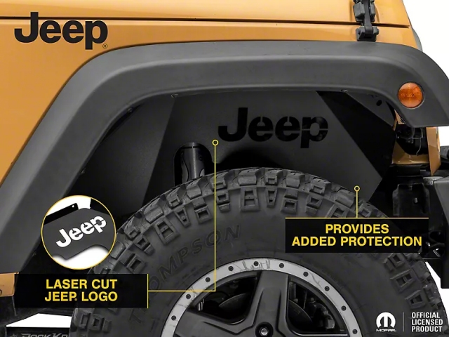 Jeep Aluminum Inner Fender Liners w/ Jeep Logo, Front, Textured Black (2007-2018 Jeep Wrangler JK & JKU)