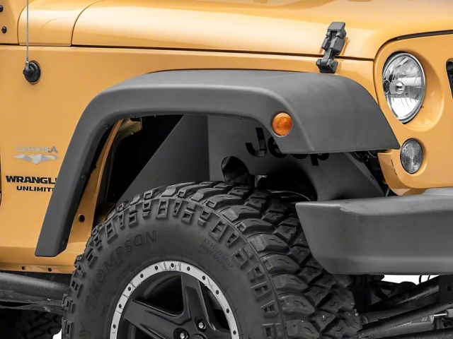 Jeep Aluminum Inner Fender Liners w/ Jeep Logo, Front, Textured Black (2007-2018 Jeep Wrangler JK & JKU)