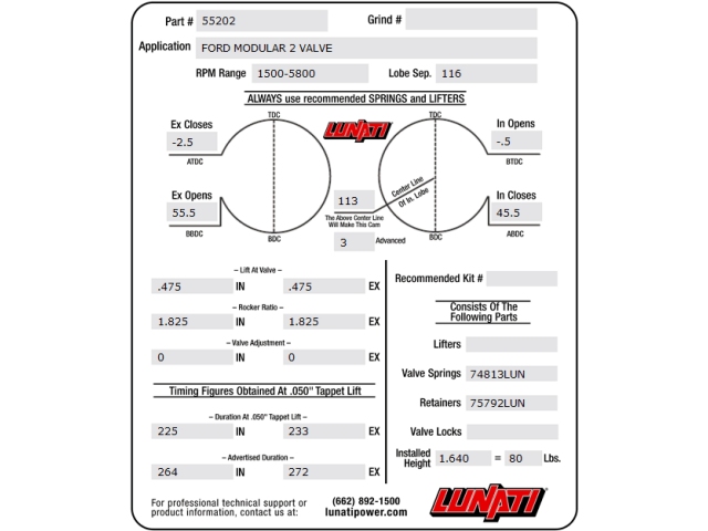 Lunati Voodoo Hydraulic Roller Camshafts, 256/264 (1991-2012 FORD 4.6L & 5.4L 2 VALVE)