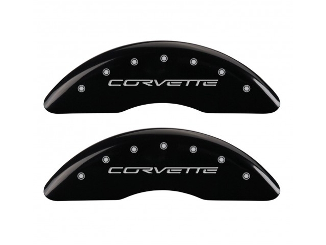 MGP Caliper Covers, Front & Rear, Black, Silver Engraving (2005-2013 Corvette)