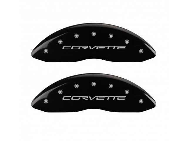 MGP Caliper Covers, Front & Rear, Black, Silver Engraving (2005-2013 Corvette) - Click Image to Close
