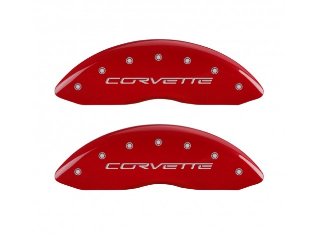 MGP Caliper Covers, Front & Rear, Red, Silver Engraving (2005-2013 Corvette) - Click Image to Close