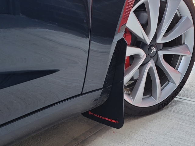 RALLY ARMOR UR Black Mud Flaps w/ Red Logo (2017-2021 Tesla Model 3) - Click Image to Close