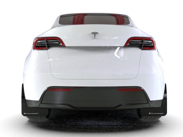 RALLY ARMOR UR Black Mud Flaps w/ White Logo (2020-2021 Tesla Model Y) - Click Image to Close