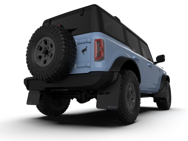 RALLY ARMOR Black Mud Flaps w/ Blue Logo [NO-ST] (2021-2023 Ford Bronco) - Click Image to Close